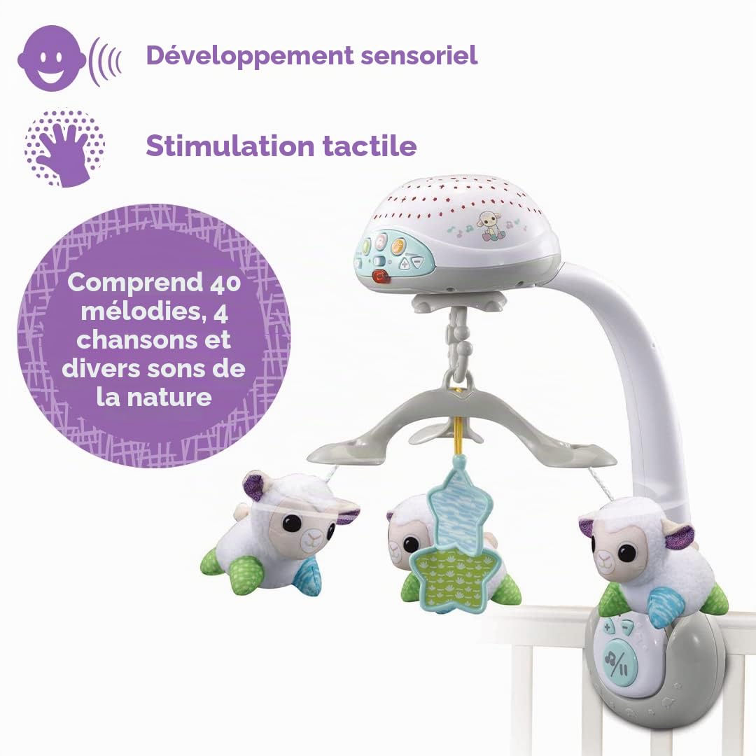 VTech Baby Lullaby Lambs Mobile avec motifs lumineux colorés, musique apaisante, bruit blanc et sons de la nature, cadeau pour bébés de 0, 3, 6, 9 mois et plus, version anglaise