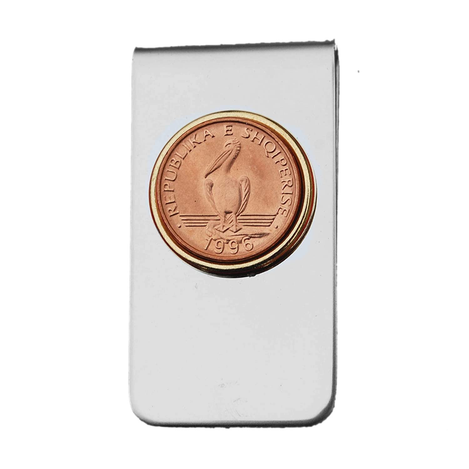 1996 Albania 1 Lek BU Uncirculated Coin Stainless Steel Gold Silver Two Tone Money Clip New - Dalmatian Pelican