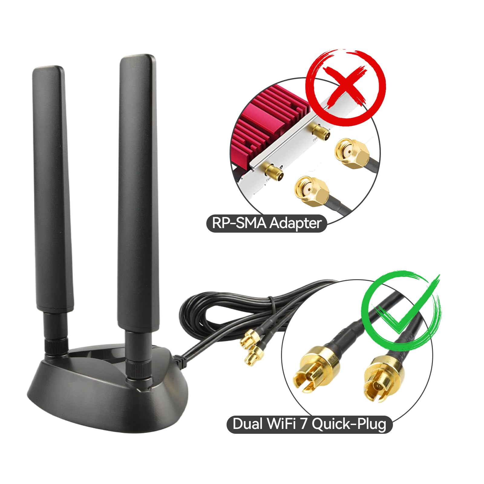 Dual Quick-Plug WiFi7 - Antena magnética con base magnética (3 dBi, 2,4/5,8/6 GHz, cable RG174, base magnética triangular estable, compatible con ASUS ROG/Gigabyte AORUS/MSI y todos los