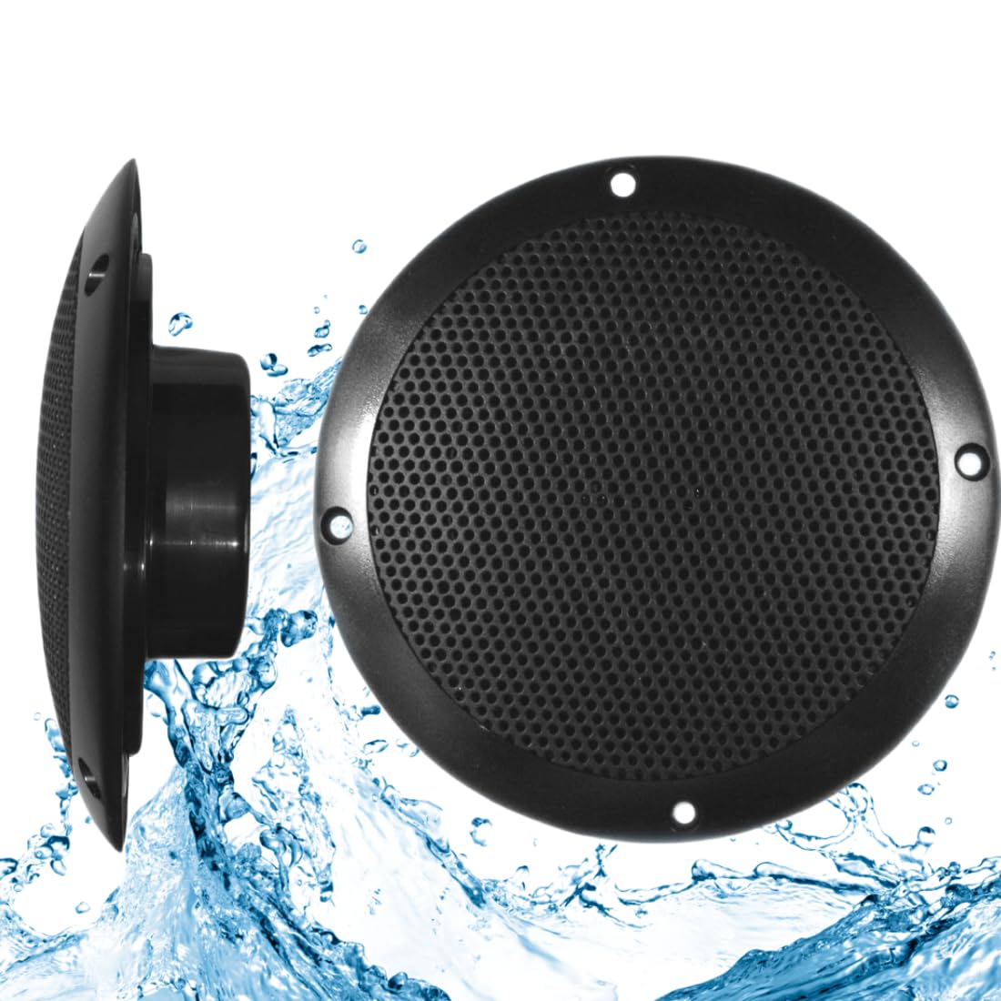 PQN Audio Eco50-4BK 5 inch Ultra Slim Waterproof Marine Speaker for RV, Camper, Cabinet and Hot tub. Chemical and UV Resistant. Wall and Floor Mount Outdoor Speakers (Black)
