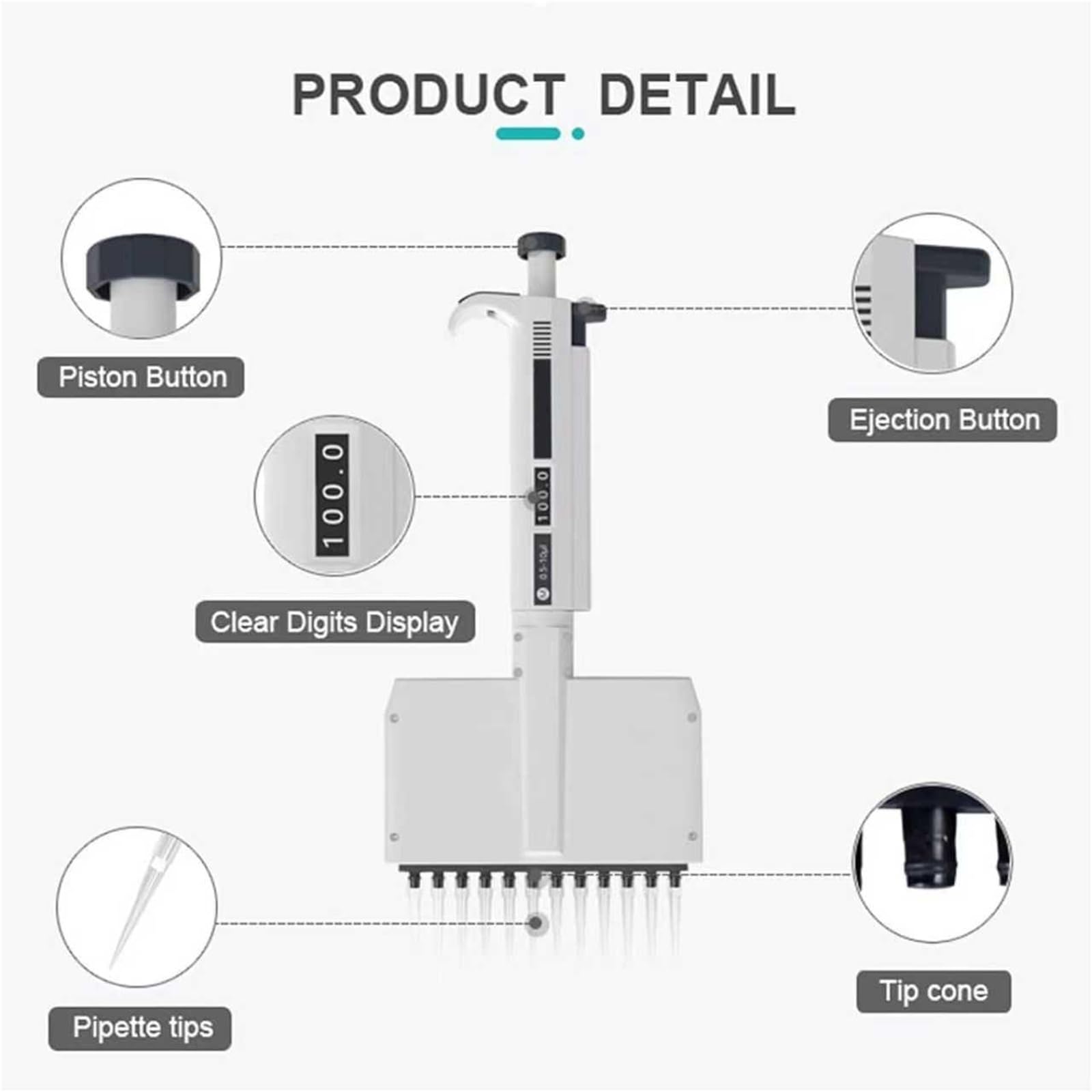 Pipetas de micropipeta, 12 canales, 0.5-300ul, pantalla digital de volumen, cabezal giratorio de 360°, uso de laboratorio de precisión, entrega de muestras líquidas
