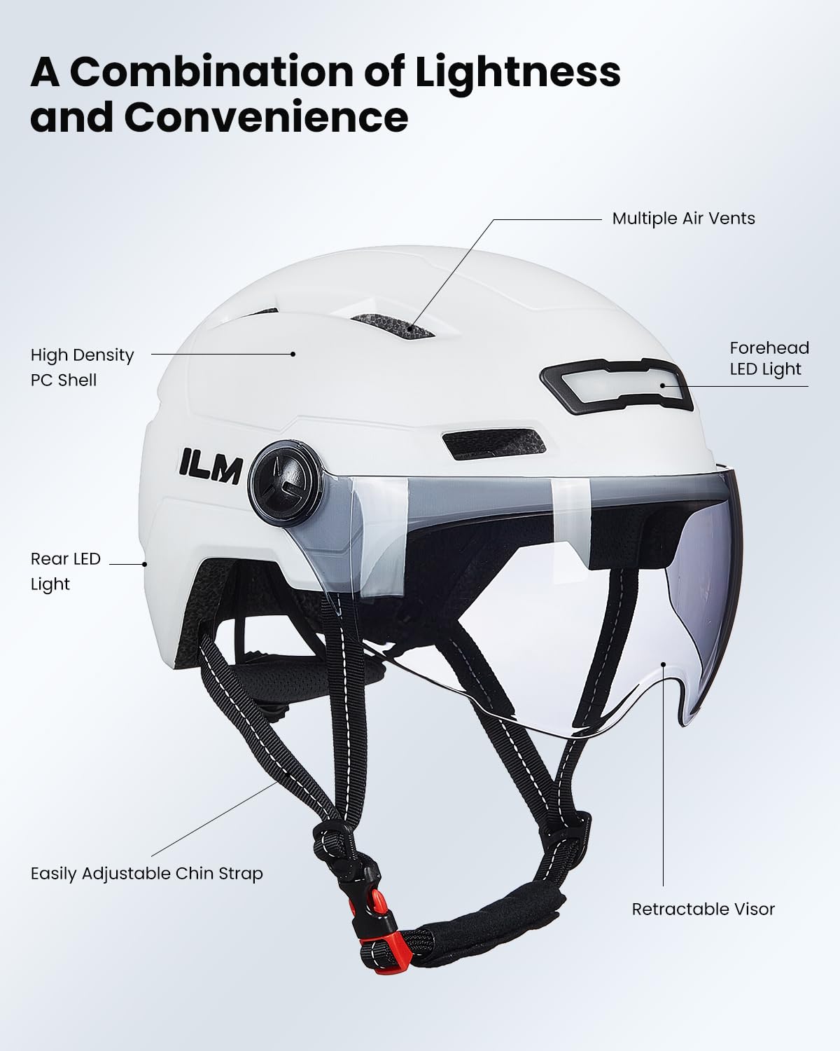 ILM Casco Bici Uomo Donna-Caschi Bici Adulti con LED USB Ricaricabile Luce Anteriore e Posteriore con Rimovibile Visiera-Casco Ciclismo Unisex per Pendolari Scooter Urbano