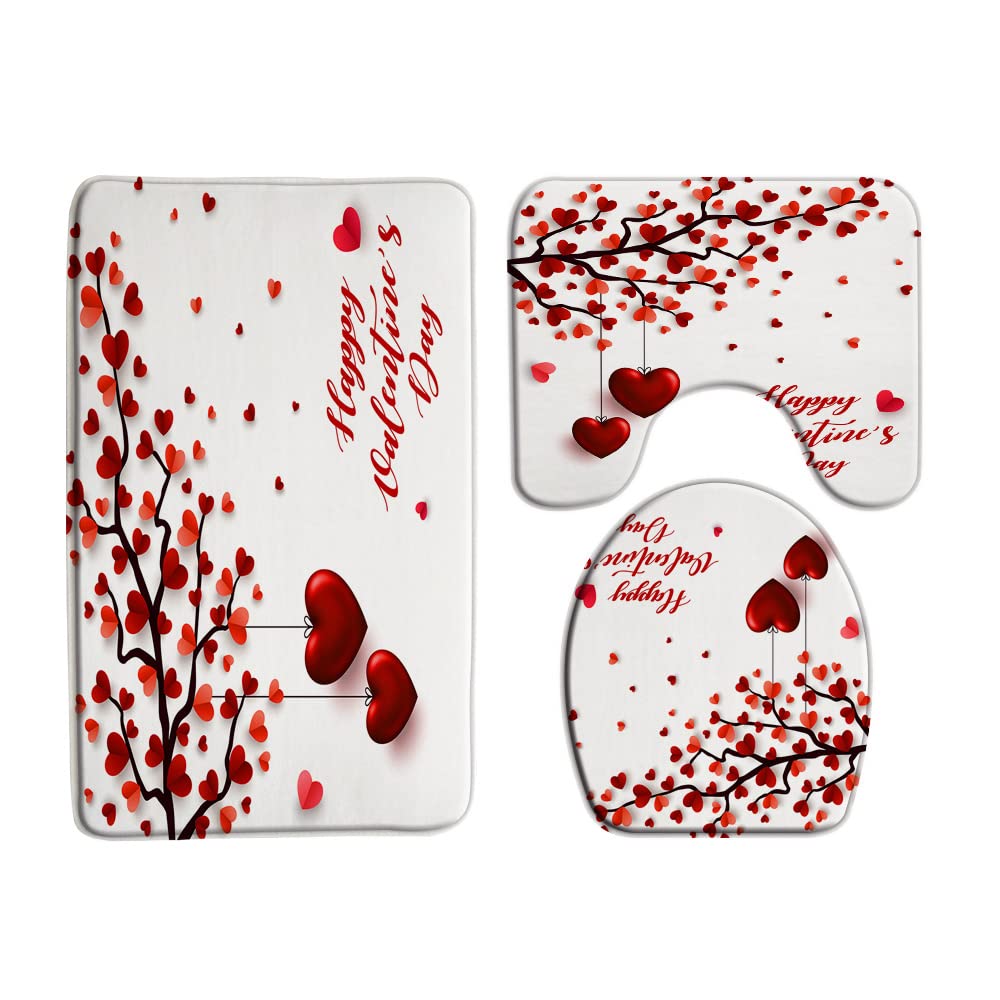 VPUPCN Valentine's Day 3 Pcs Bath Rugs Set,Red Love Heart Tree Sweet Romantic Love Creative Modern Simple Bathroom Kitchen Rug with 17.8