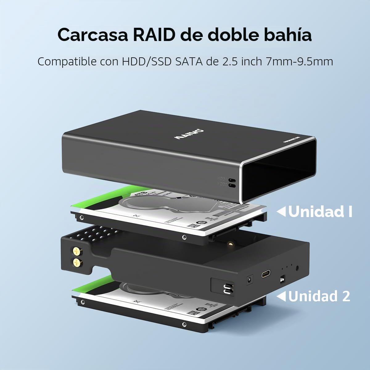 MAIWO Carcasa Raid de Doble bahía para Disco Duro SATA SSD de 2.5 Pulgadas, Raid 0/1/JBOD/PM, USB 3.1 Gen 2 de 10 Gbps con UASP, Capacidad de 16 TB, bahía Externa de Aluminio HDD