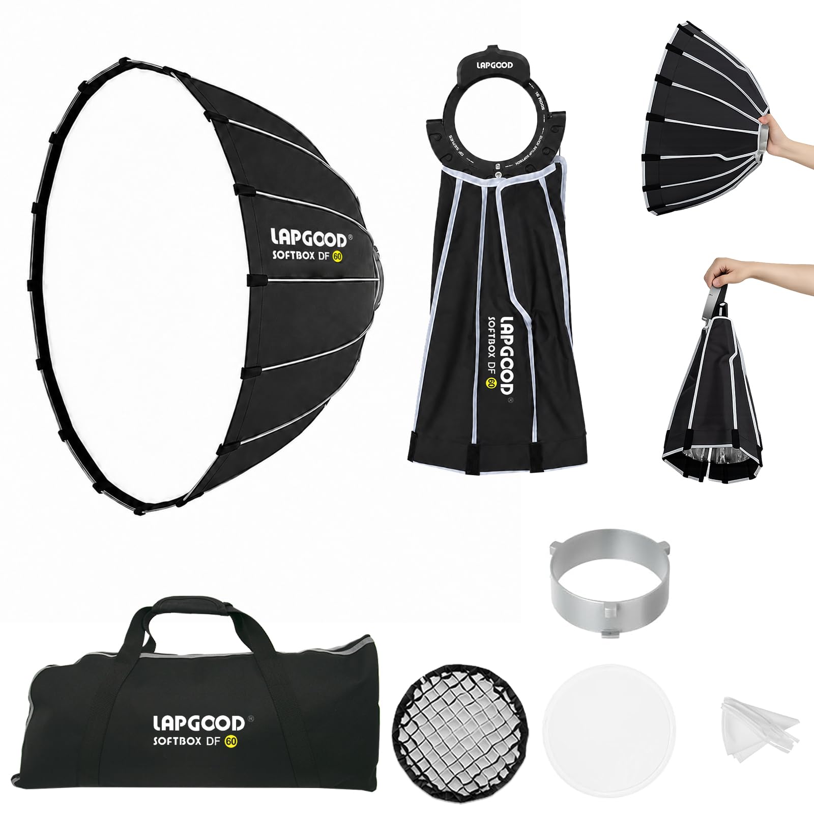 Softbox Bowens Mount, FD60 - Softbox redondo (60 cm, cierre rápido, apertura profunda, rejilla de abeja, bolsa de transporte, para flash de estudio, luz de vídeo, fotografía y vídeo)
