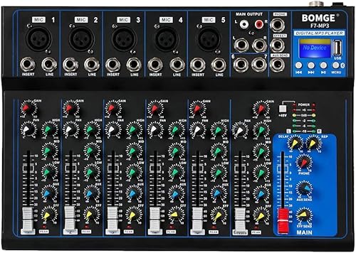 BOMGE K7 - Mezclador de audio portátil Bluetooth con consola de mezcla de sonido USB, MP3 estéreo de 48 V, alimentación para grabación de PC, bandas