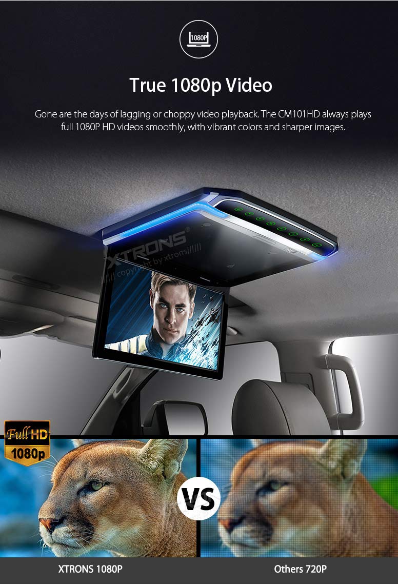 XTRONS Écran TFT numérique de 10,2 Pouces 1080p pour Voiture - Écran Rotatif à 180° - Port HDMI - Contrôle de Porte