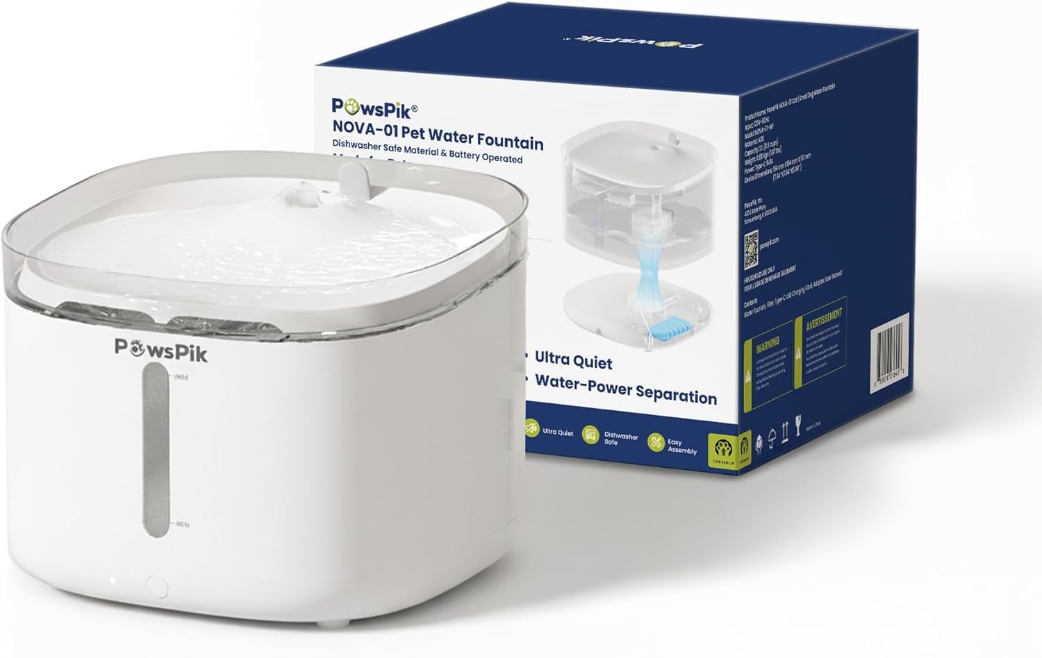 PawsPik NOVA-01 Wireless Cat Water Fountain, Rechargeable Cordless Cat Drinking Fountain with Water-Power Separation, Motion Sensor & Continuous Flow, Filtered Automatic Cat Water Dispenser, White