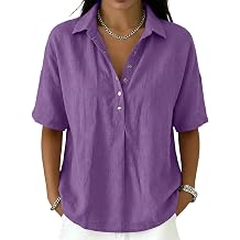 Cotton Linen Tops for Women - Linen Shirts for Women 2026 Summer Half Sleeve V Neck Henley Shirt Gauze Casual Blouses