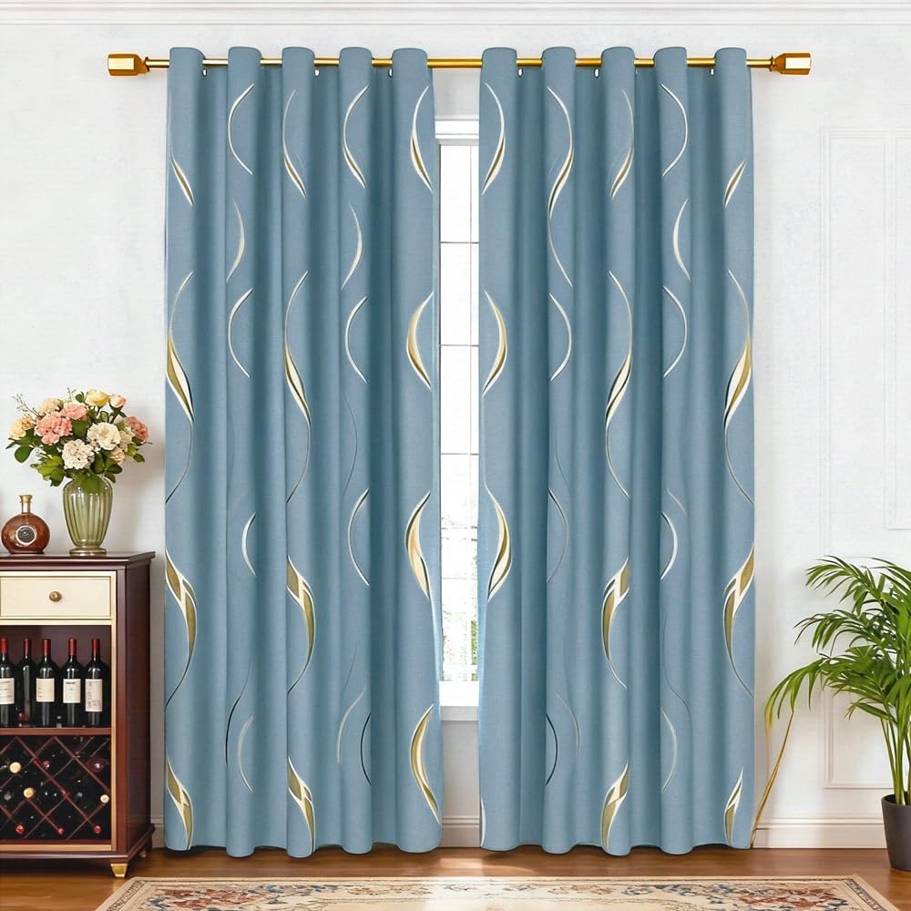 MYRU 2 Panels Set Luxury Striped Blackout Curtains for Bedroom Living Room (Blue and Gold, 2 x 66x96 Inch)