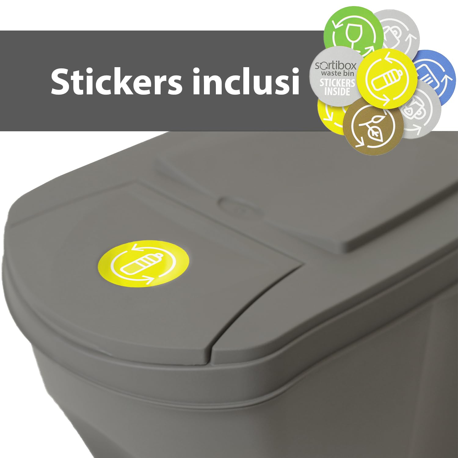 IMJ-Global Set mit 4 Mülleimern Sortibox | grau | stapelbar | Mülltrennung | Recycling | aus Kunststoff | 140 Liter (4 x 35 l) | für Innenräume