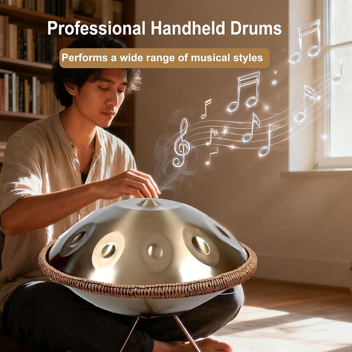 Tambour Handpan En Acier 440 Hz avec sac à main souple, 2 maillets, support, 22 Pouces Tambour À Main, instrument de percussion pour La Méditation, Le Yoga 9/10/12 Notes(Silver,12 Notes)