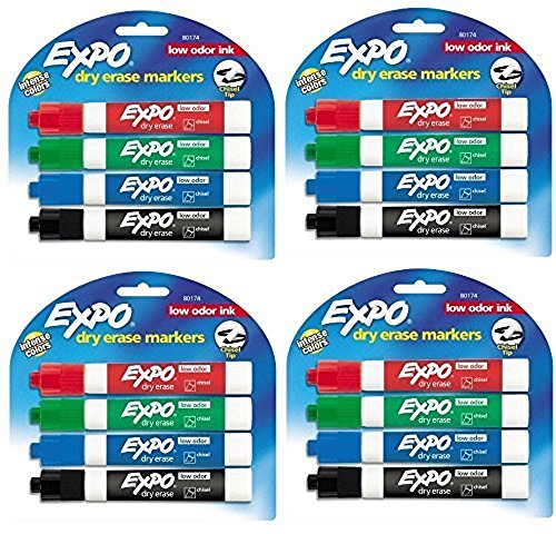 Expo 80174 Low Odor Chisel Point Dry Erase Marker Pack, Designed for Whiteboards, Glass and Most Non-Porous Surfaces, 4 Assorted Color Markers, Pack of 4 Blisters