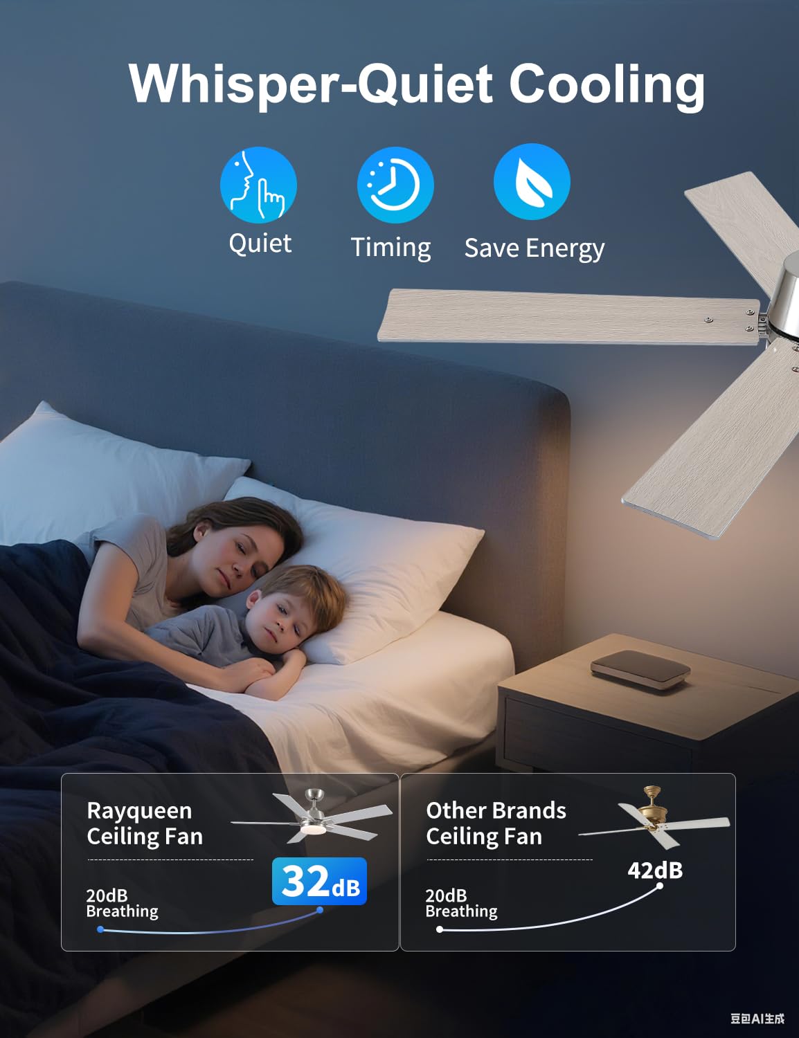 52 Inch Ceiling Fans with Lights and Remote Brushed Nickel Ceiling Fan 6 Speed Reversible DC Motor 3CCT — view 4