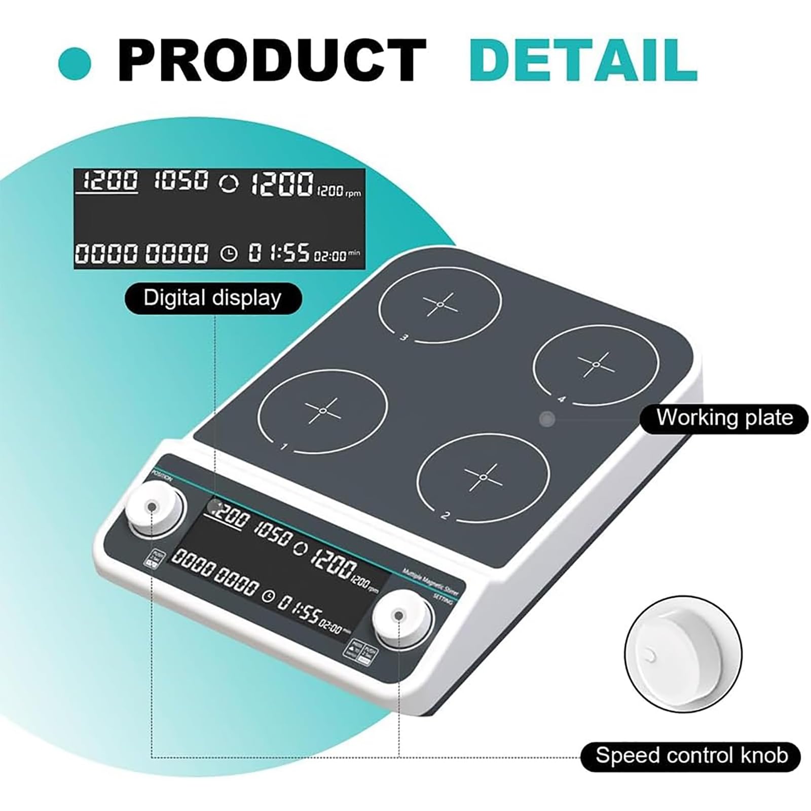 Agitador Magnético De 4 Posiciones, 500ml*4 Mezclador De Líquidos De Laboratorio con Pantalla Digital LED, Control Síncrono/asíncrono, Velocidad: 50-1500rpm, para Mezcla De Líquidos.