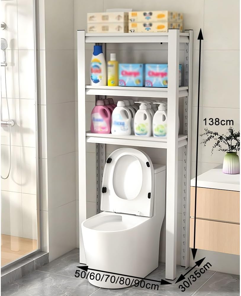 Bathroom Storage Shelf, Over The Toilet Storage Cabinet, Metal Standing 3-Tier Organizer Rack with Adjustable Shelf, for Restroom Laundry Balcony(White,50x30x138cm)