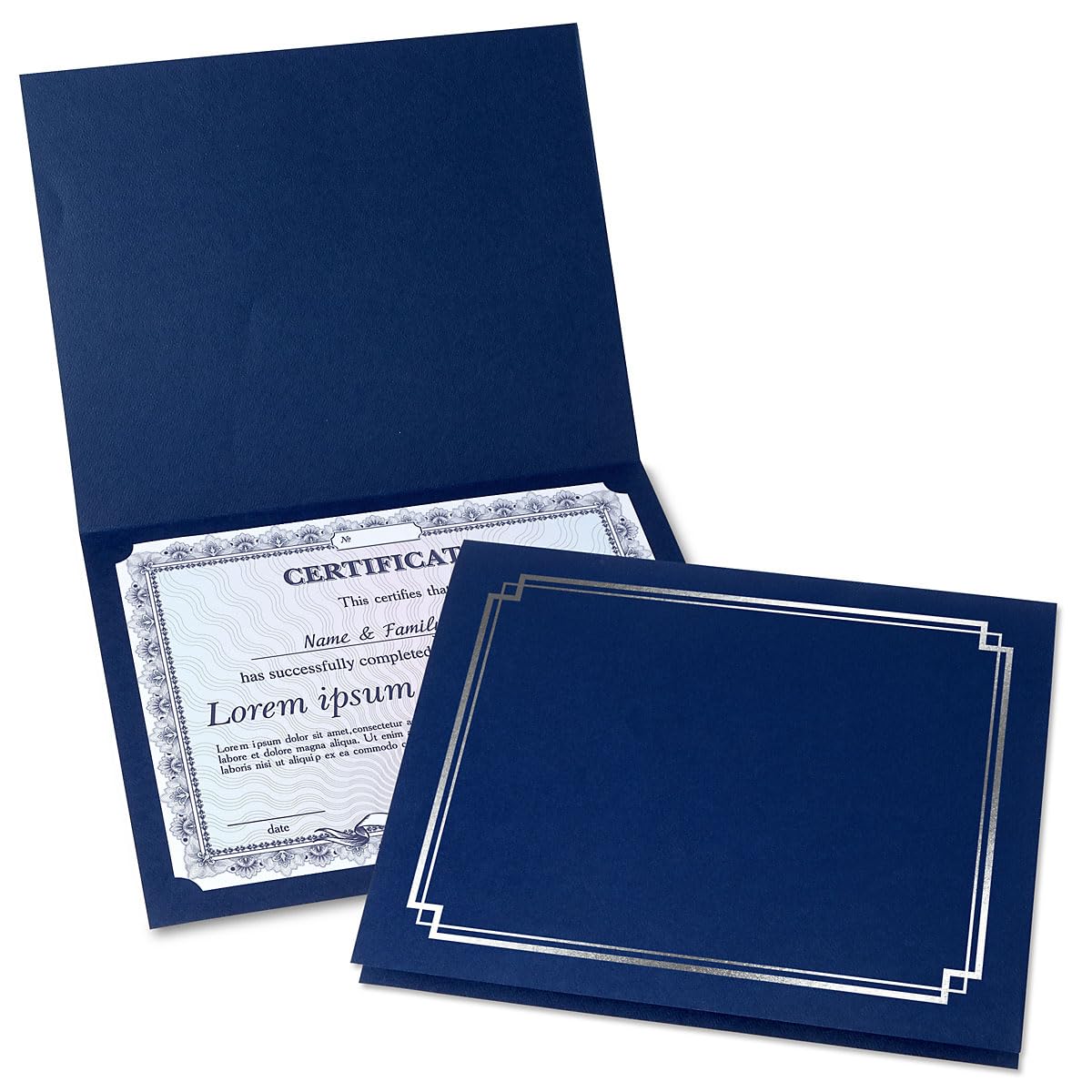 Classic Blue & Silver Certificate Folders - Pack of 25, Linen Cover 80 lb. Stock, Folded, Die-Cut Corners, for Office, Business Awards, Graduation,