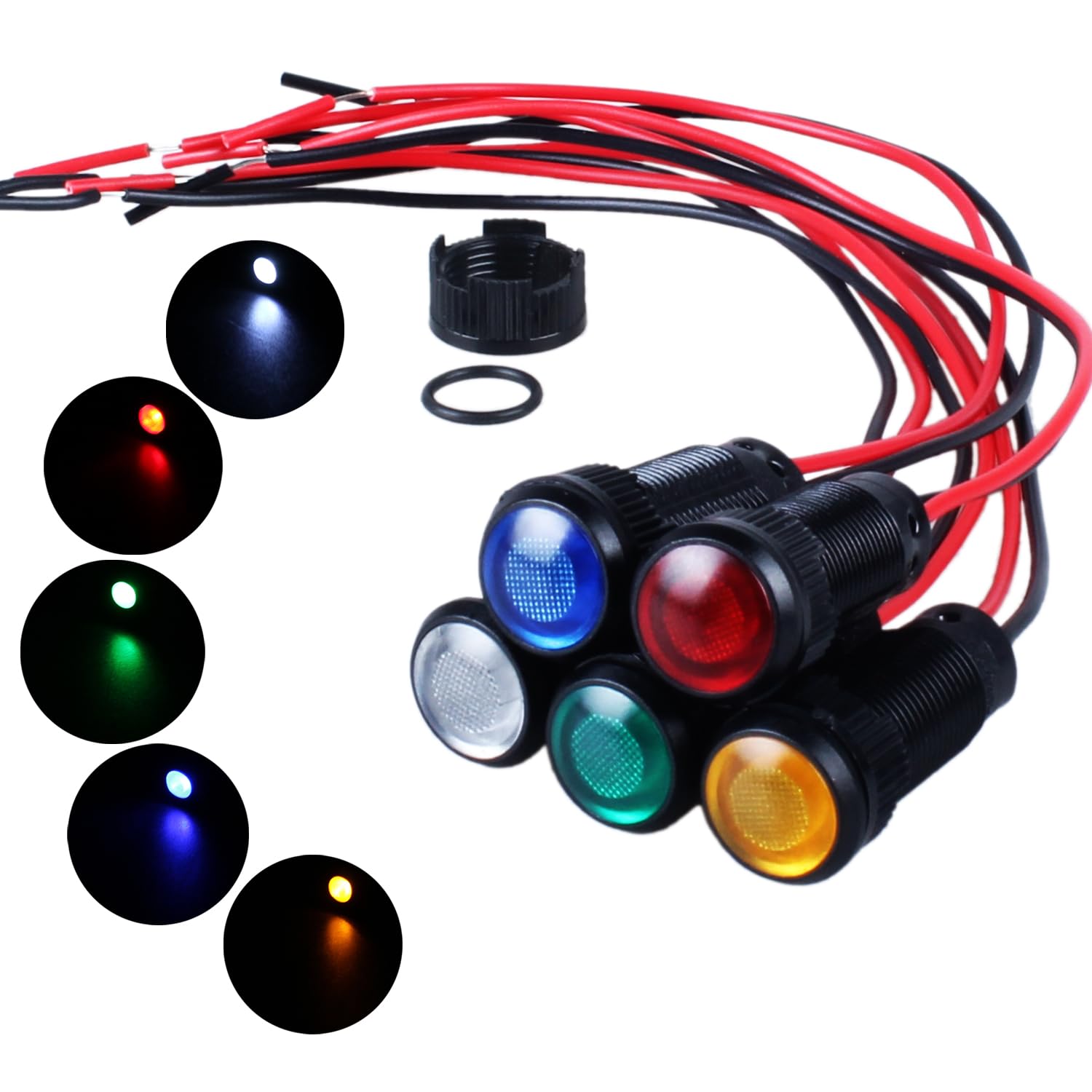 5pcs 10mm LED Indicator Light Plastic Black Signal Dot Lamp 12V-24V 2/5" Mounting Hole Size with 15cm/5.9in. Wire (Mix:Red White Yellow Blue Green)