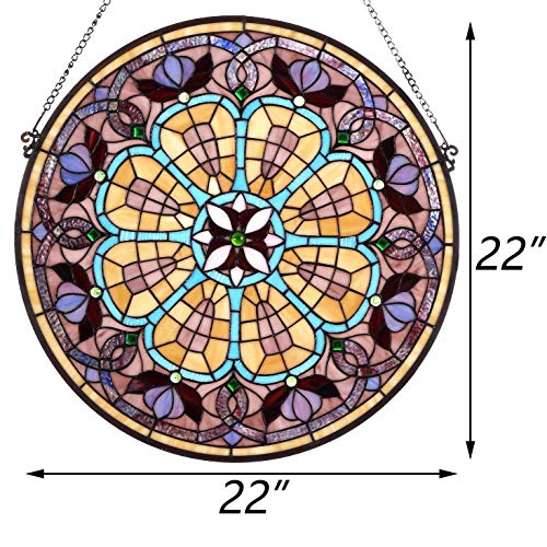 Bieye W10017 Victorian Tiffany Style Stained Glass Window Panel 22 Inches Wide Round With Chain #TOP5