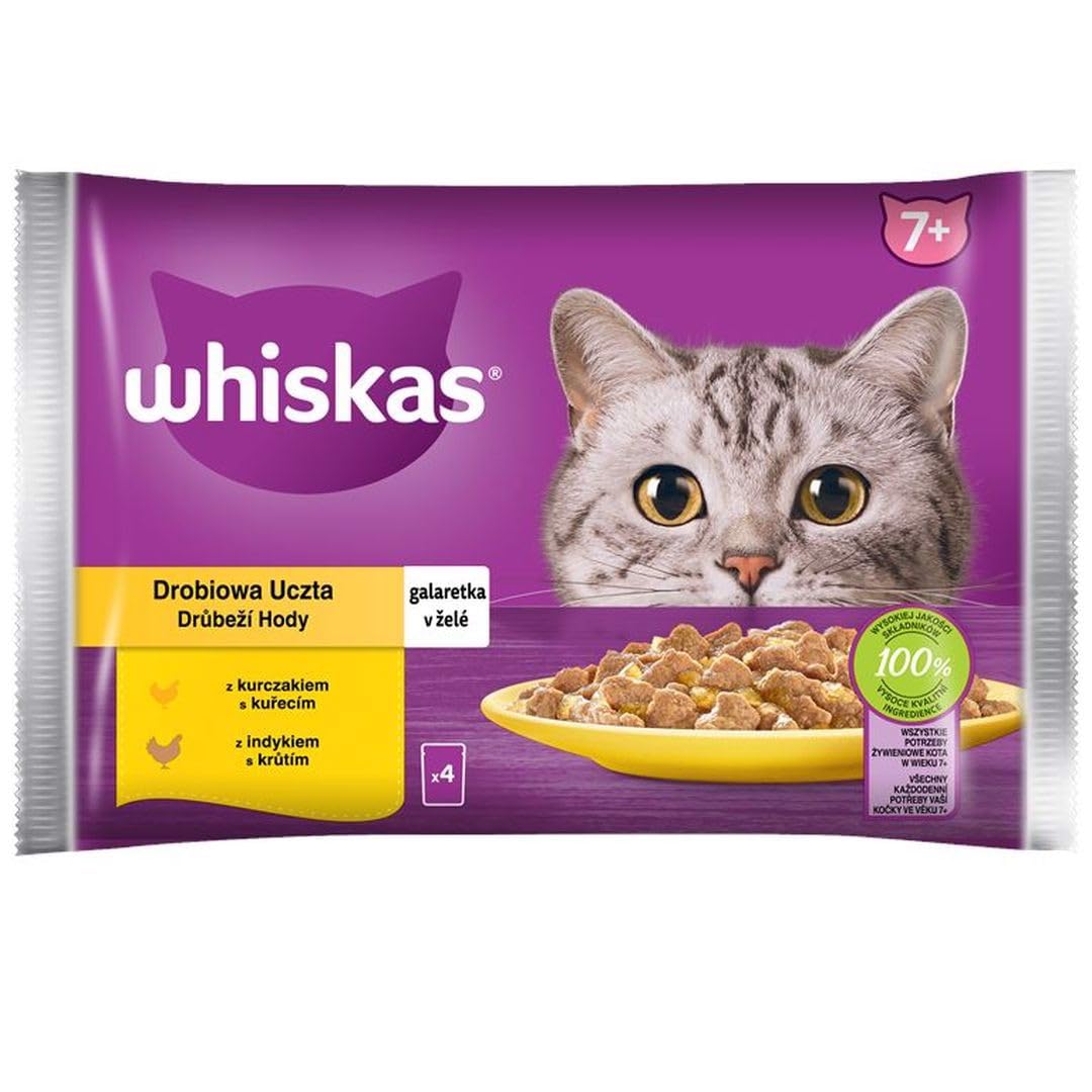 WHISKAS 7+ Senior Katzennassfutter, Geflügel In Gelee – 40 Beutel à 85g, Megapack Für ältere Katzen