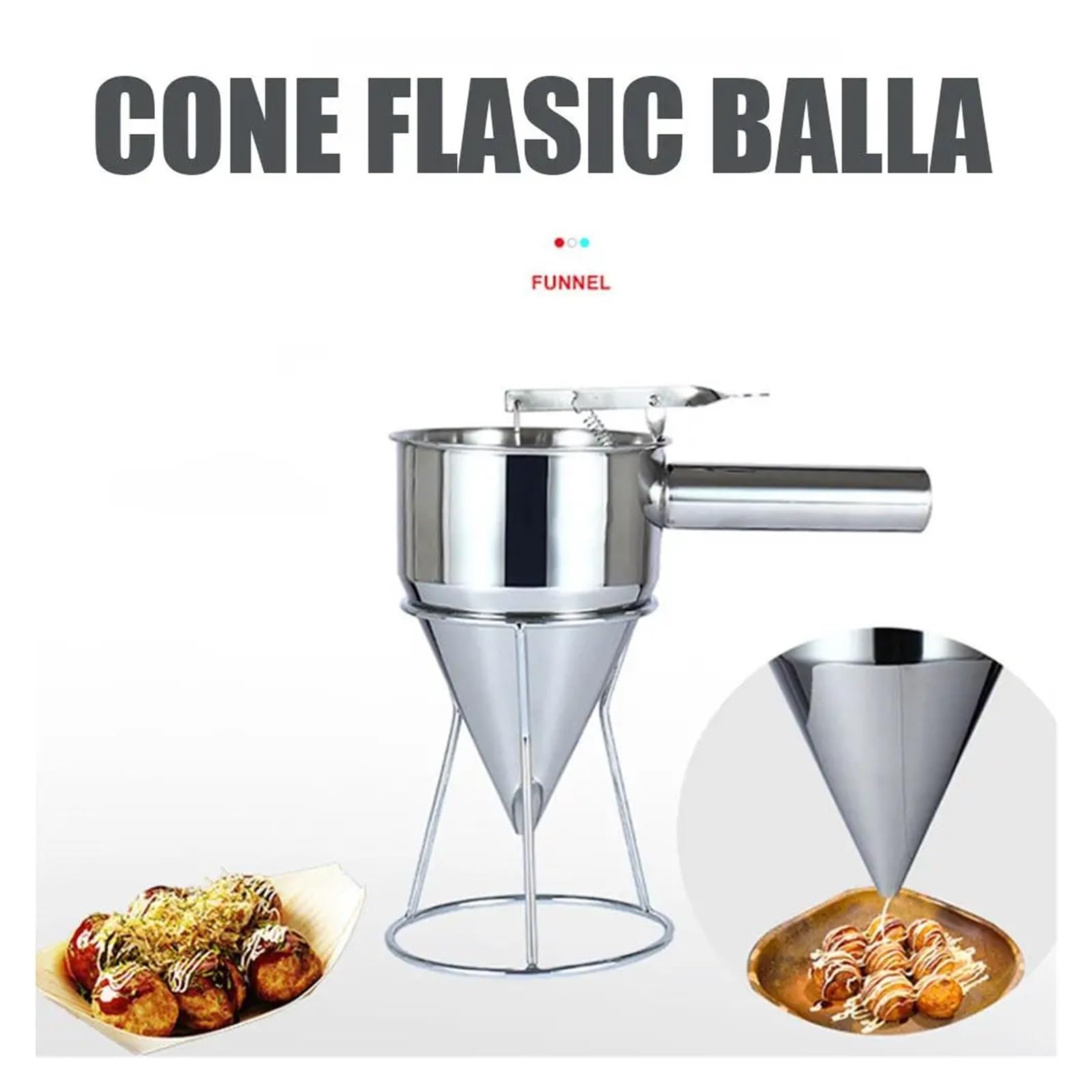 1 Set di imbuti da Cucina in Acciaio Inossidabile 304, Ideali for liquidi, spezie, Palline di Polpo, Strumenti con Imbuto a griglia, Imbuto da Cucina con Manico(L)