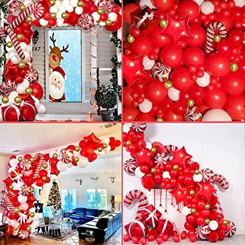 Christmas Balloon Garland Arch Kit Red White Gold Balloons Candy Balloons Gift Box Balloons Red Star Balloons for Christmas Party Decorations