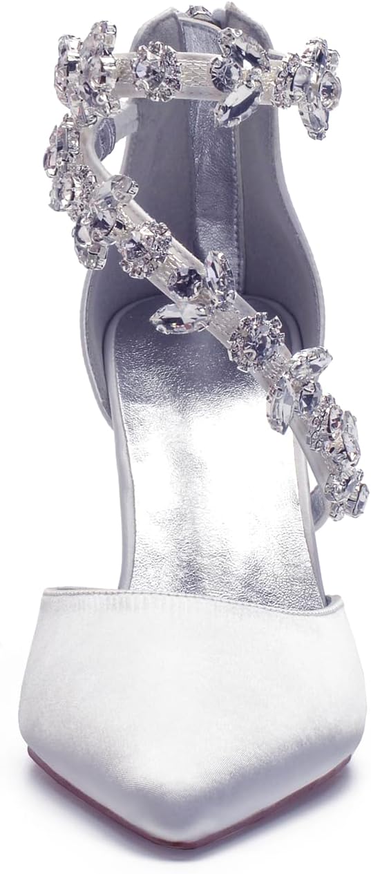 Anna's Bridal Women's Pointed Toe High Heels Pumps Ankle Strap Rhinestones Satin Heels Wedding Shoes for Bride Prom Party Dress Shoes Sandals - Image 4