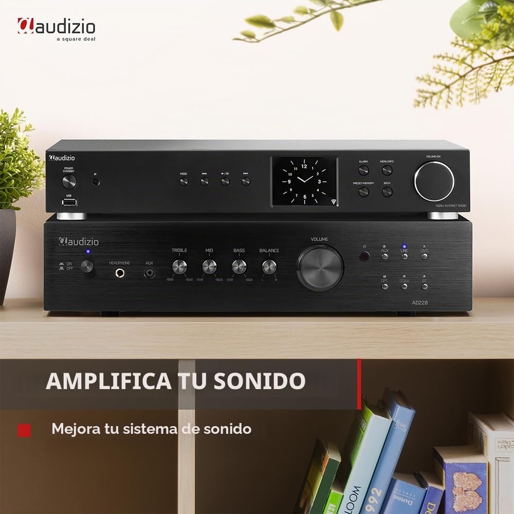 Audizio AD220B Amplificador estéreo Hi-FI de 400w y Bluetooth, 1 Salida subwoofer, Salida óptica y coaxial, 2 Salidas de Altavoz, MP3, EQ, Ideal para Ver peliculas o Escuchar tu música, Color Negro