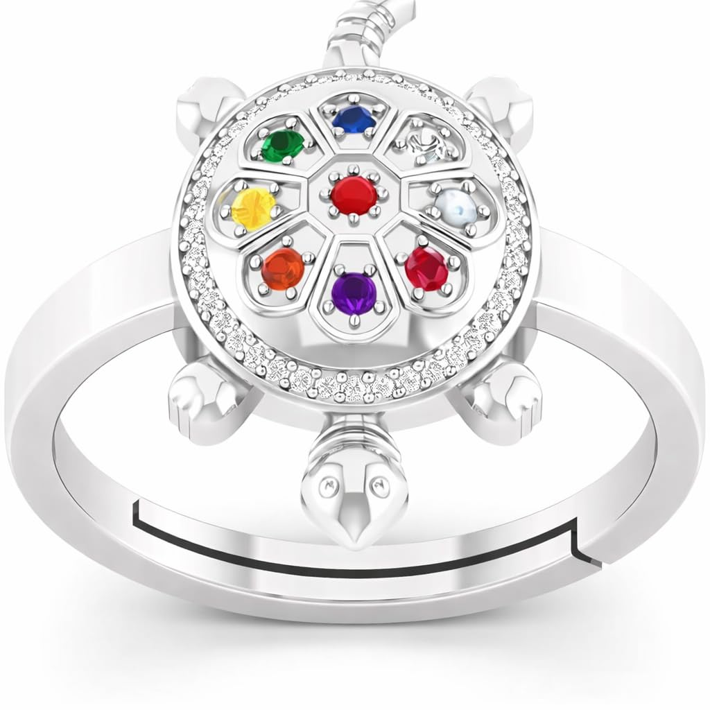 Certified Original Navratna birthstone Best Of Luck 925 Sterling Slver Tortoise Adjustable Ring/stone gift ring for Men Or Women's