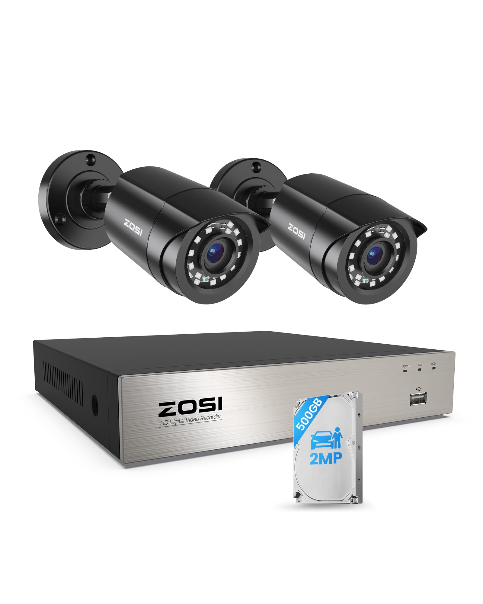 ZOSI Kit Caméra de Surveillance Extérieure 1080p 8CH 500 Go DVR et 2 Caméras de Sécurité Vidéo Extérieures 1080P Câblées Détection de Personnes et de Véhicule, Détection de Mouvement
