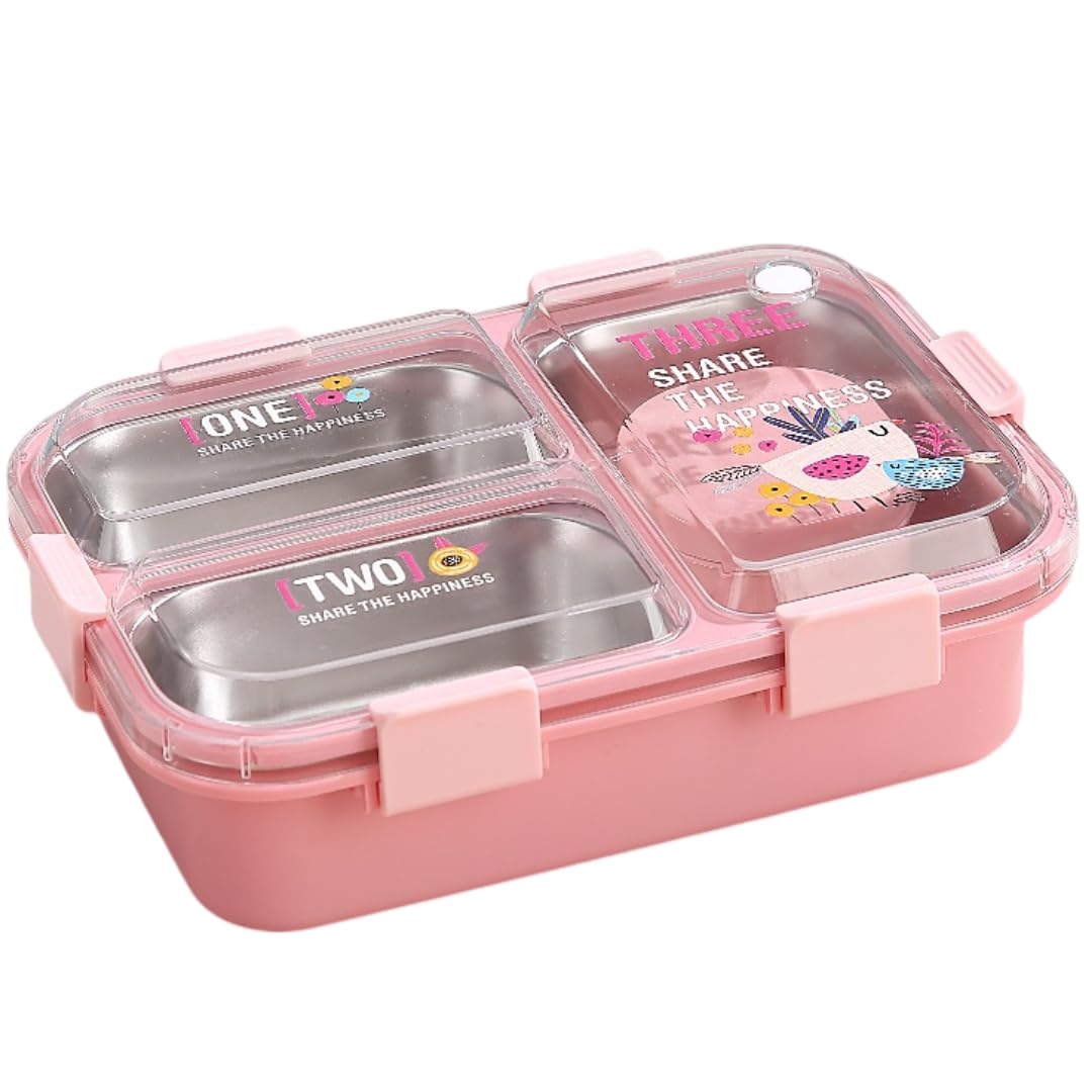 ATTRO Alpha 3 Kids Lunch Box with 3 Compartment Inner Steel, 1 Small Container, Spoon & Chopstick Air-Tight Leakproof Heat Water Insulation Design- 750ml+70ml Peach-image-41