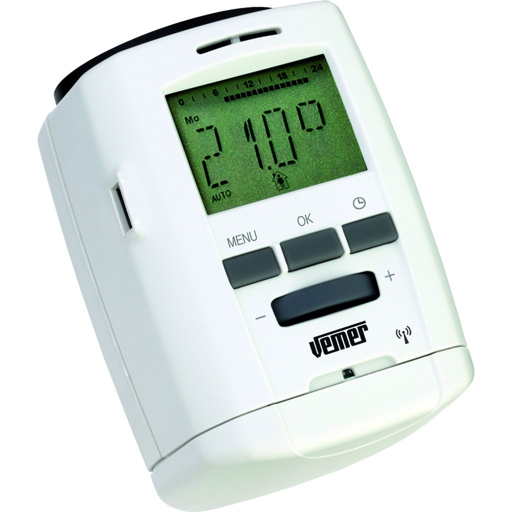VEMER VE741500 THERMOPRO RF - Valvola Termostatica per Termosifoni, Cronotermostato a Radiofrequenza per Radiatori con Programmazione Settimanale, Alimentazione a Batteria, Bianco