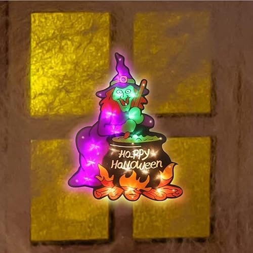 Miniatura 2 de Decoración de silueta de ventana de Halloween con 20 luces LED, decoración de Halloween (bruja)