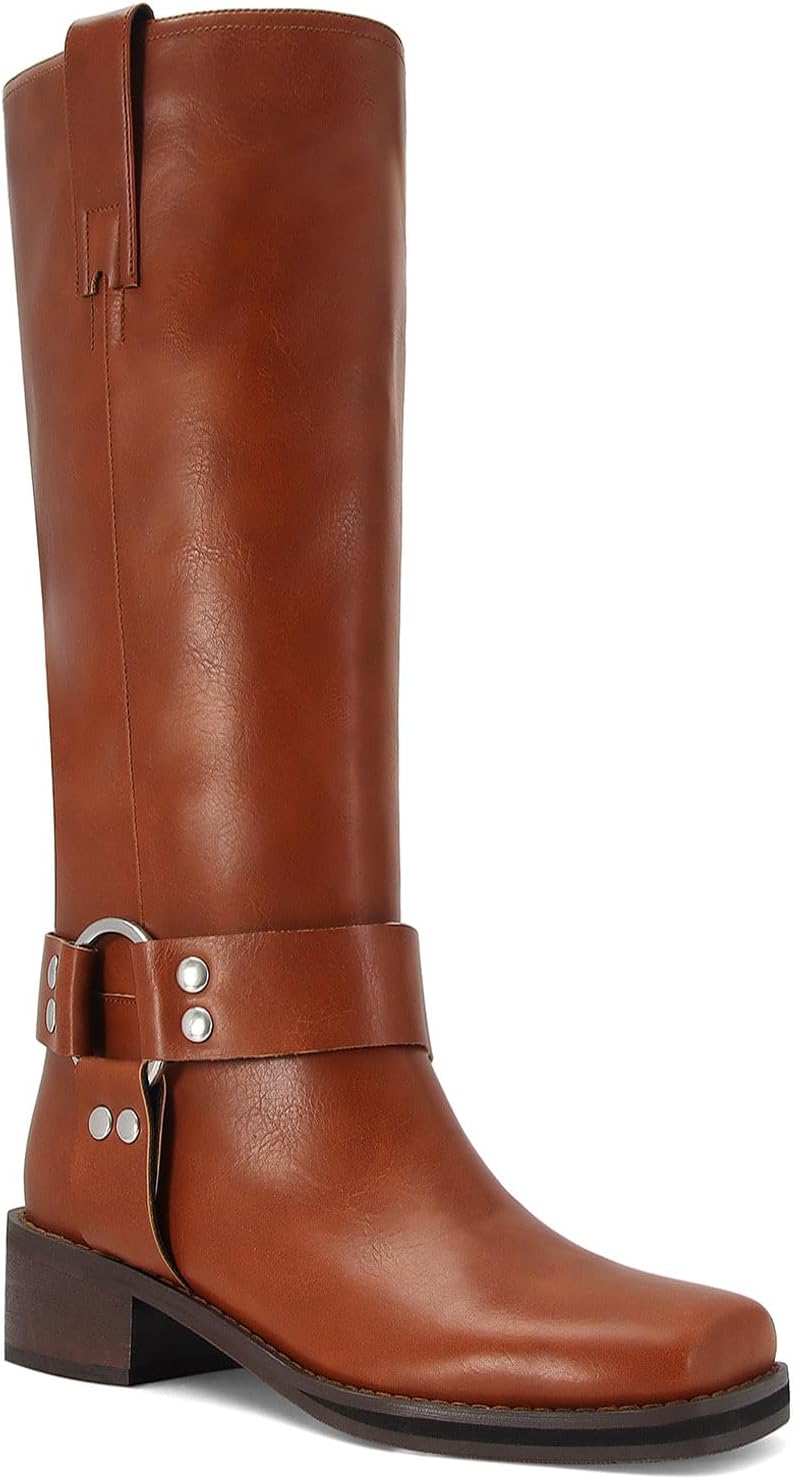 ZJGZF Women's Knee High Riding Boots Brown Leather Studds Biker Boot Square Toe Block Chunky Heel Slip on Tall Motorcycle Boots Wide Mid Calf Booties Cute Comfortable Winter Shoes