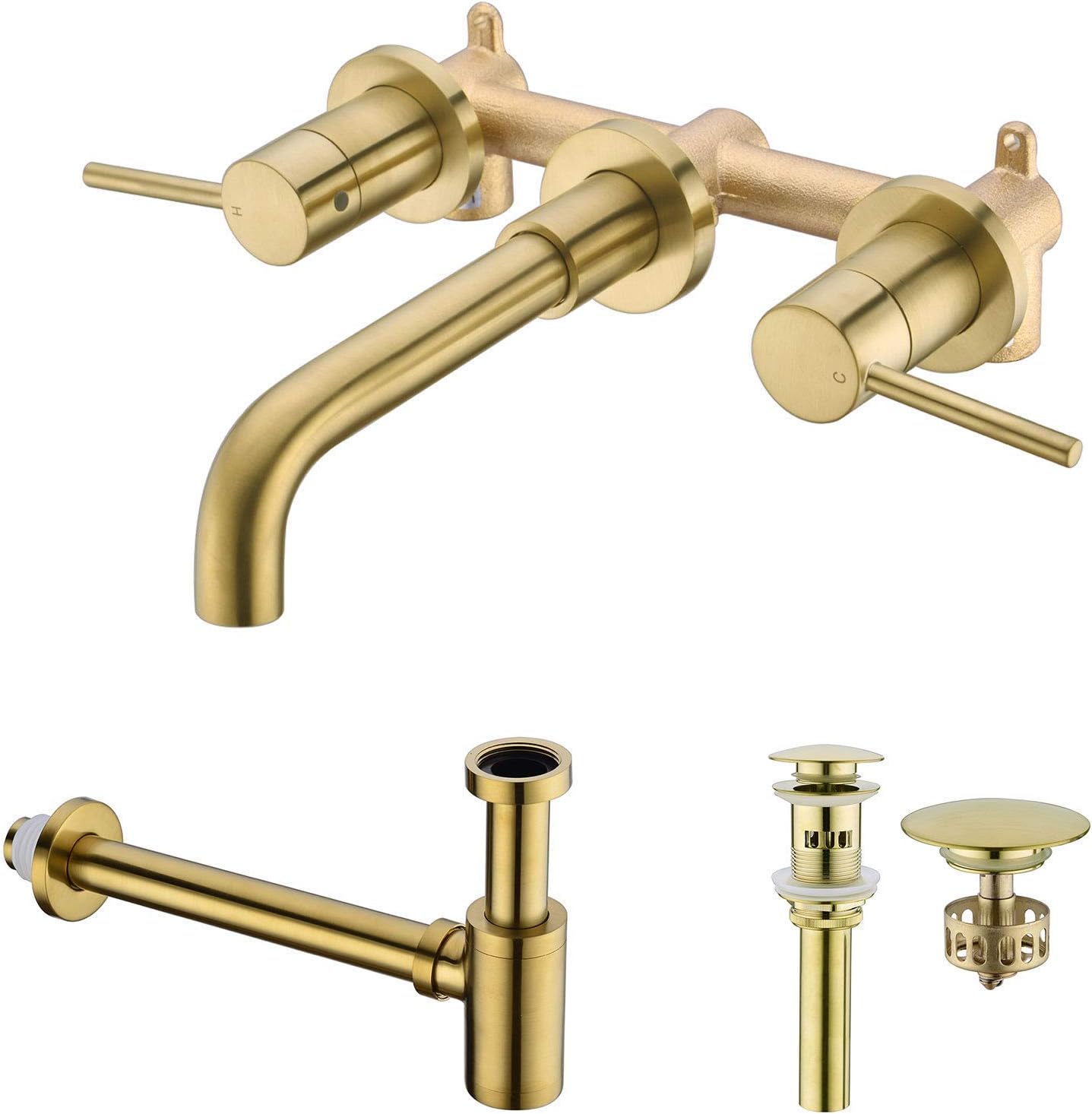 HANEBATH Brushed Gold Wall Mounted Bathroom Faucet, Pop Up Drain with Overflow, P Trap Kit