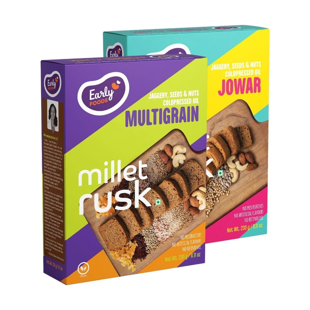 Early Foods - Pack of 2 : Jowar & Multigrain Rusks | Millet Rusk Sugar Free | No Maida Toast | Rusks for Kids | Millet Toast Biscuits 163 g x 2