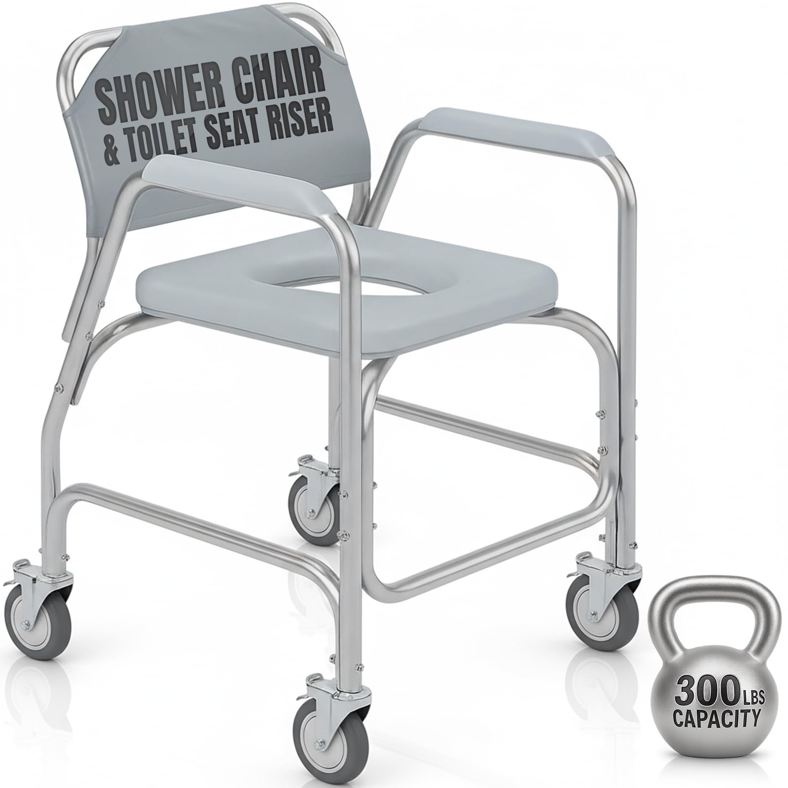 Vive Shower Chair & Toilet Riser with Wheels - Rolling Bathroom Seat for Elderly, Disabled, Handicapped - Adjustable Senior Raised Bath Potty Chair