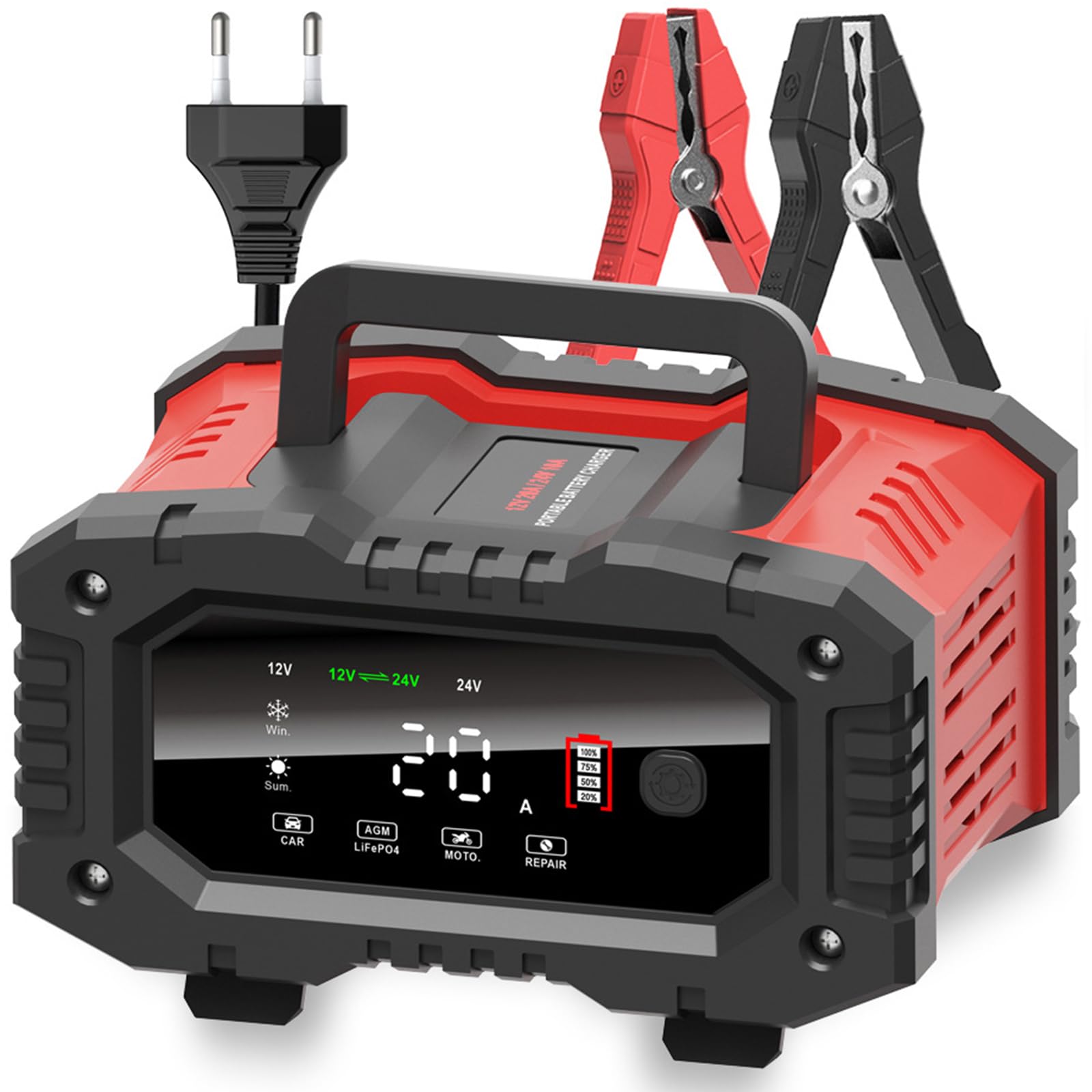 Ładowarka do akumulatora samochodowego 20 A, 12 V, 24 V, w pełni automatyczna ładowarka LiFePO4, ładowarka naprawcza, ładowanie impulsowe, odsiarczanie 20 A, 10 A, prąd ładowania, ładowanie