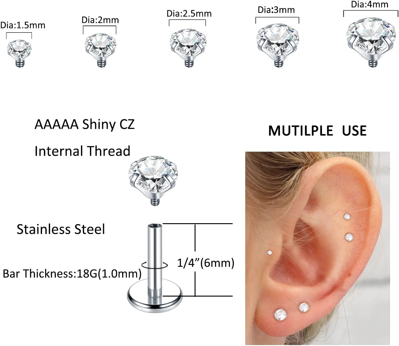Xpircn 18G 16G Flat Back Stud Earrings 14K Gold Plated Internally Threaded CZ Stud Piercing Jewelry for Tragus Helix Cartilage Conch Nose Hypoallergenic Lip Labret Medusa Piercing