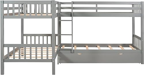 Miniatura 7 de Litera individual sobre individual con cajones para niños litera de madera en forma de L con marco de cama de 4 camas con barandillas de longitud