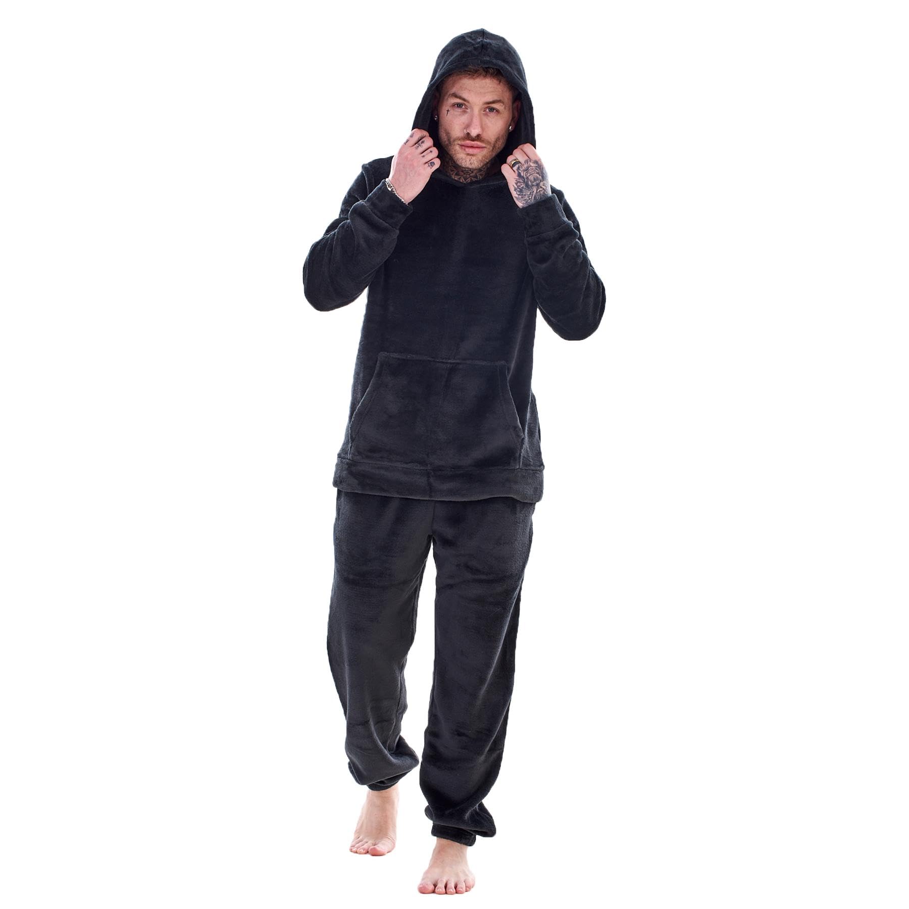 Keanu Mens Pyjamas - Warm Fleece Hooded Pyjama Sets - Supersoft Flannel Fleece - Black, Na...