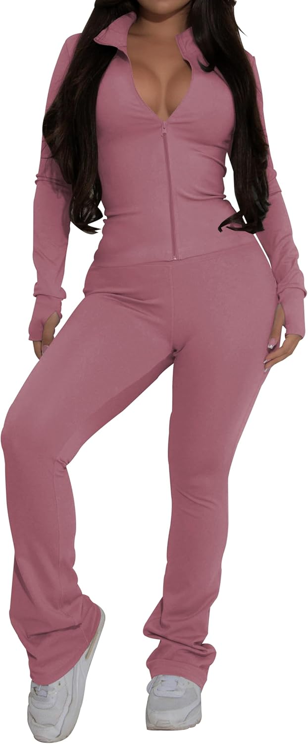 PINSV Women's 2 Piece Outfits Long Sleeve Zip Up Jacket Flare Pants Matching Tracksuit Set