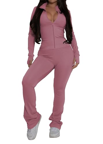 PINSV Women's 2 Piece Outfits Long Sleeve Zip Up Jacket Flare Pants Matching Tracksuit Set