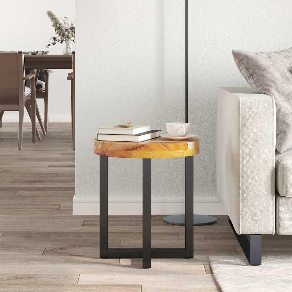 Tavolino da salotto in legno di teak massiccio con poliresina e base in legno di mango, 40 x 45 cm, realizzato a mano, ripiano rotondo, versatile come tavolino in soggiorno, ufficio o salotto
