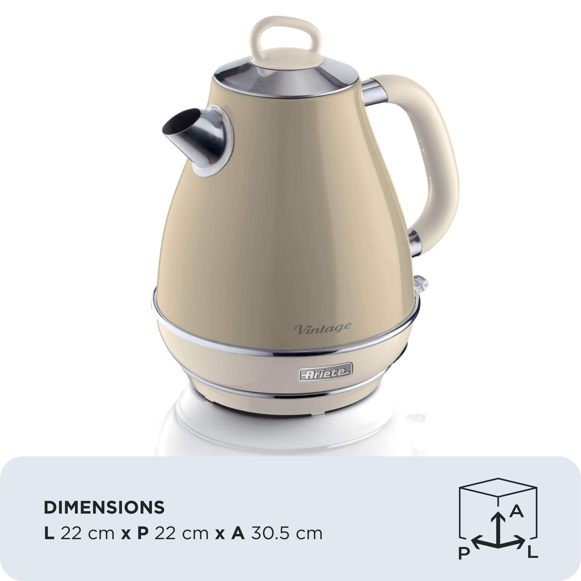 Ariete Bouilloire Vintage 2869, Bouilloire Électrique avec Niveau D'Eau Visible, Base Sans Fil 360°, Arrêt Automatique, Filtre à Thé, Capacité 1,7 L, Acier Inoxydable, 2000W, Beige