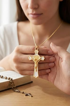 12 Pack St Benedict Catholic Pendants, Gold Enamel Cross Charms