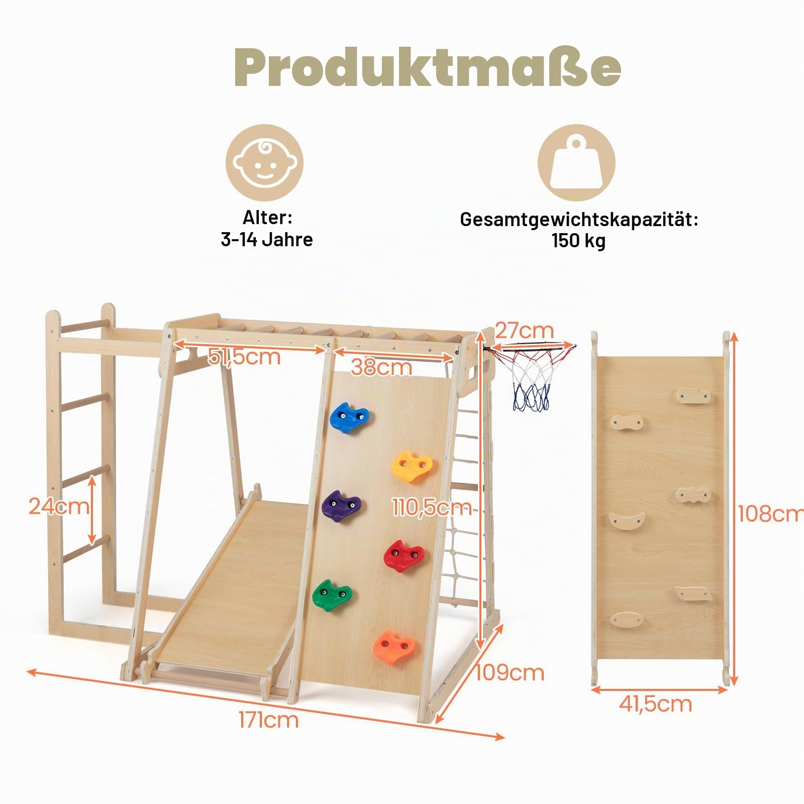 HOMASIS Klettergerüst Indoor, 6 in 1 Kletterdreieck mit doppelseitige Rutsche, Kletternetz, Kletterleiter, Basketballkorb, Kletterfelsen & Affenstangen, Holz Spielplatz für Kinder ab 3 Jahren (Natur)
