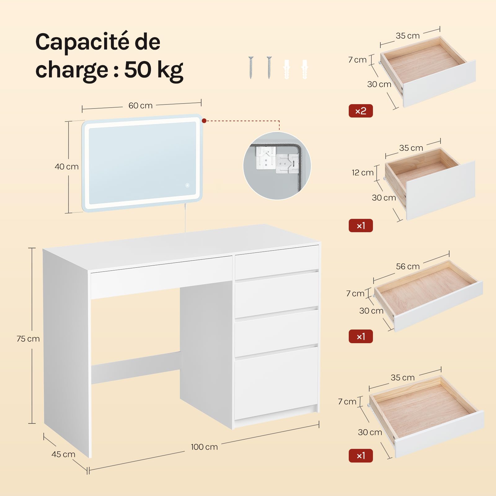 WOLTU Coiffeuse Bureau 2 en 1 avec Miroir LED, 5 tiroirs, Table Maquillage avec Miroir Mural 60x40 cm, 100x45x75 cm, Meuble Chambre Moderne en Bois, Blanc