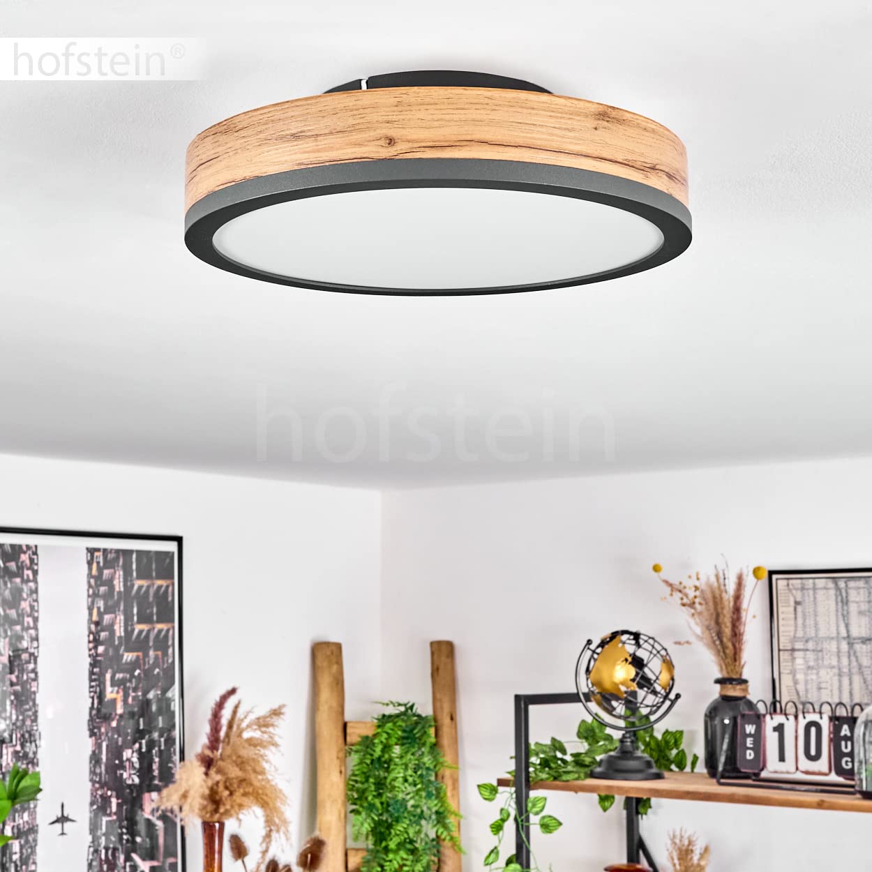 HOFSTEIN LED Deckenleuchte Salmi, Deckenpanel aus Metall/MDF/Kunststoff in Anthrazit/Holzoptik/Weiß, Leuchte im flachen Design, Ø 30 cm, 12 Watt, 950 Lumen, 3000 Kelvin, Esszimmer, Küche, Schlafzimmer