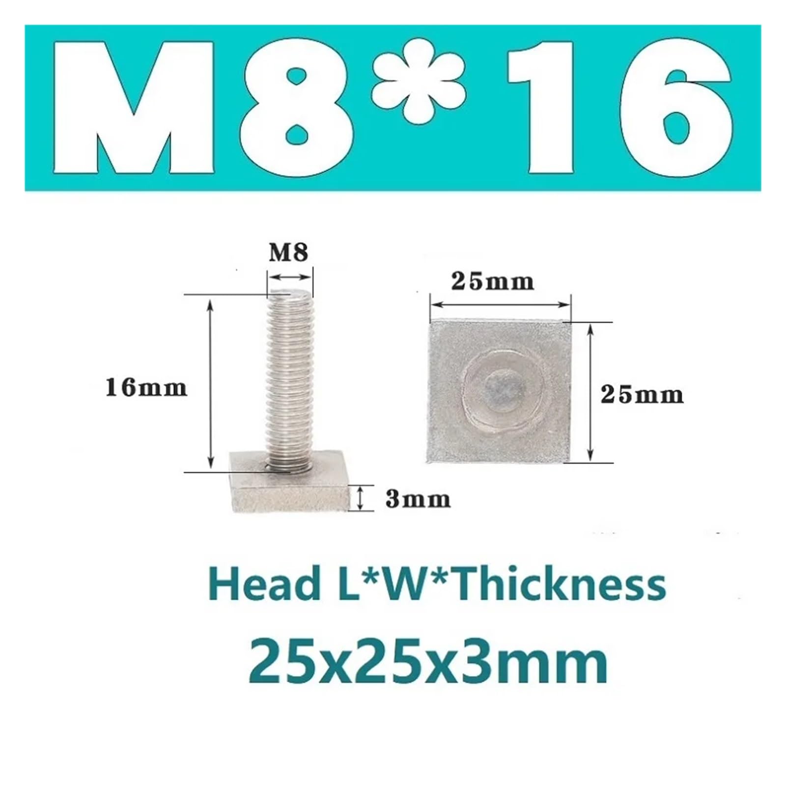 Stahl-T-förmige Schienenbefestigungsschrauben M6, M8, M10 mit Vierkantkopf, Länge 16 bis 50 mm, Edelstahl 304(L25xW25xThick3mm)